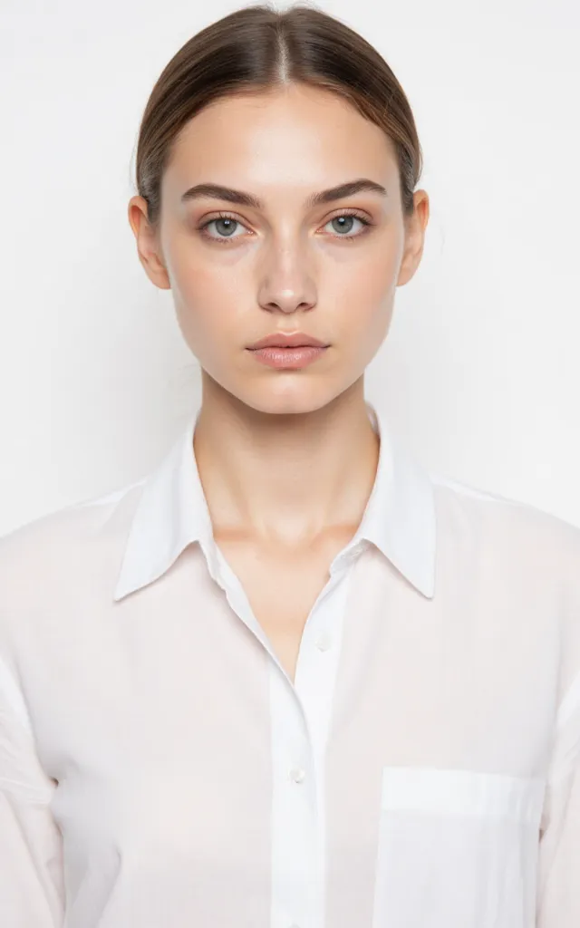 A French female model with a Contoured makeup style, wearing a shirt, against a white background, in a front   facing bust portrait